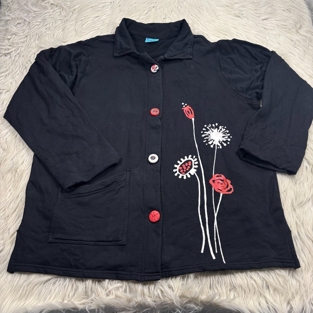 Two Liips Originals Women's L Black Hand Painted Fleece Cardigan Art to Wear